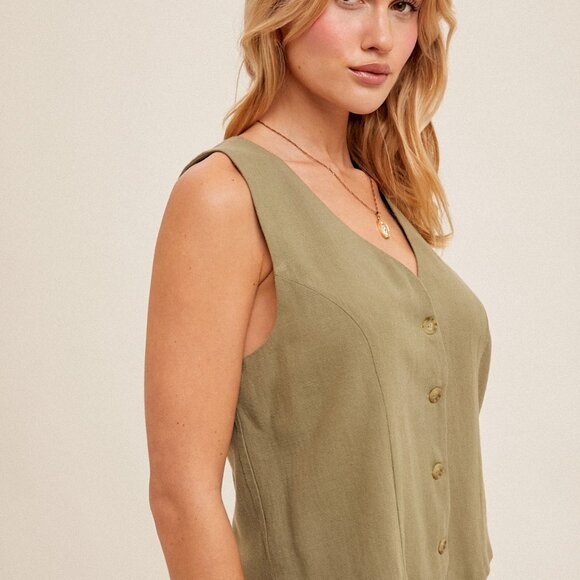HEM & THREAD Sage Green Button Front Vest Top, Tailored Linen Look Tank - Picture 4 of 5